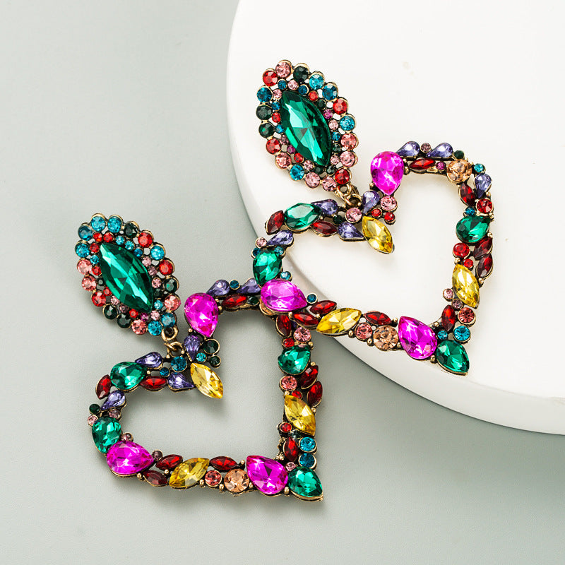 Heart-Shaped Colorful Full Diamond S925 Silver Alloy Earrings