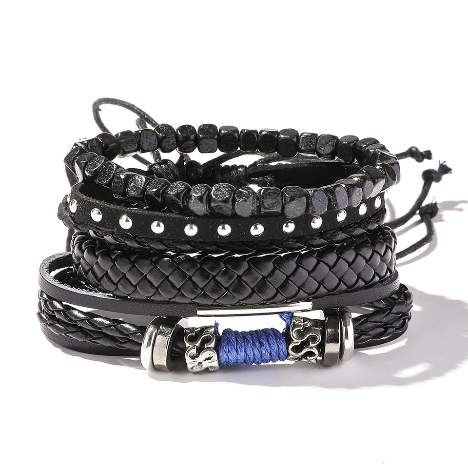 Retro Leather Multi-Layer Braided Bracelet Set - Five Piece Collection