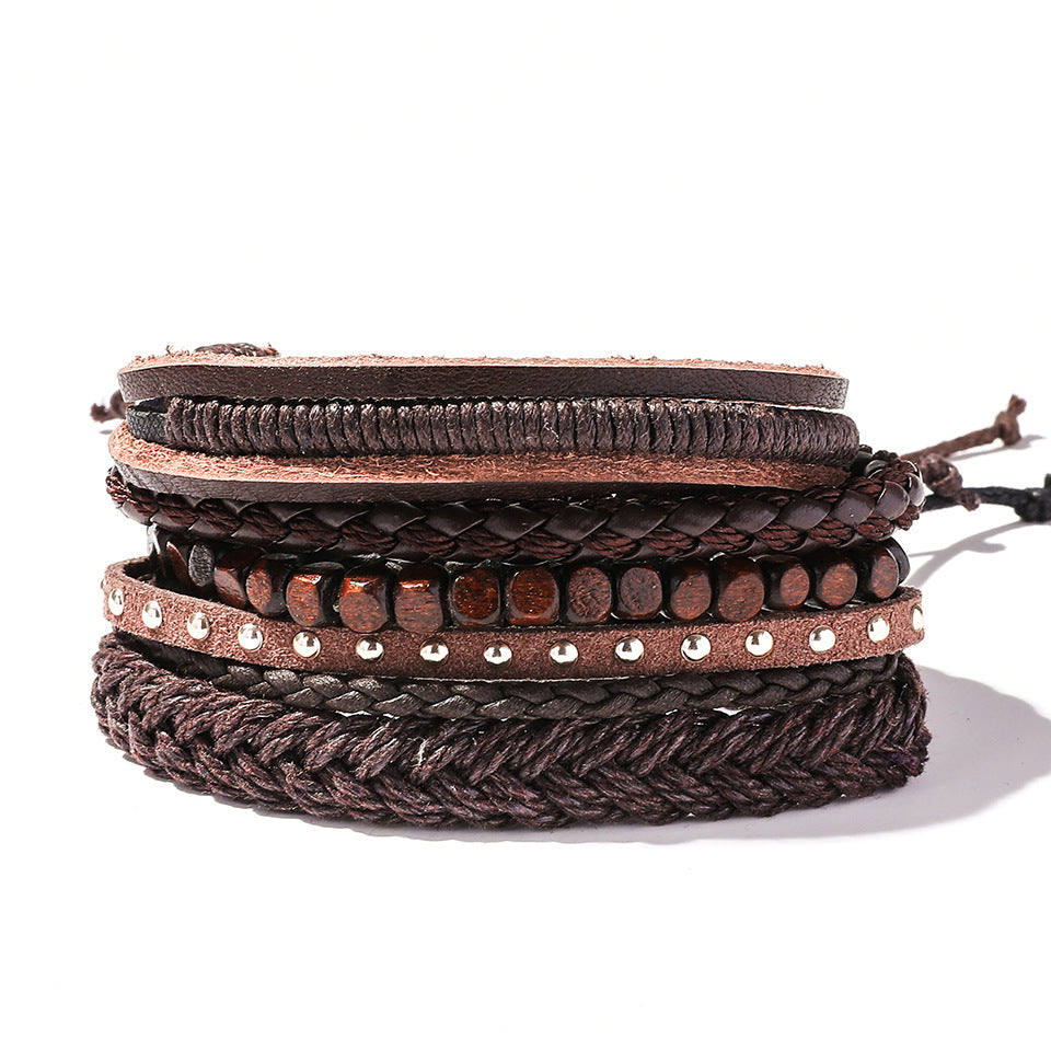 Retro Leather Multi-Layer Braided Bracelet Set - Five Piece Collection