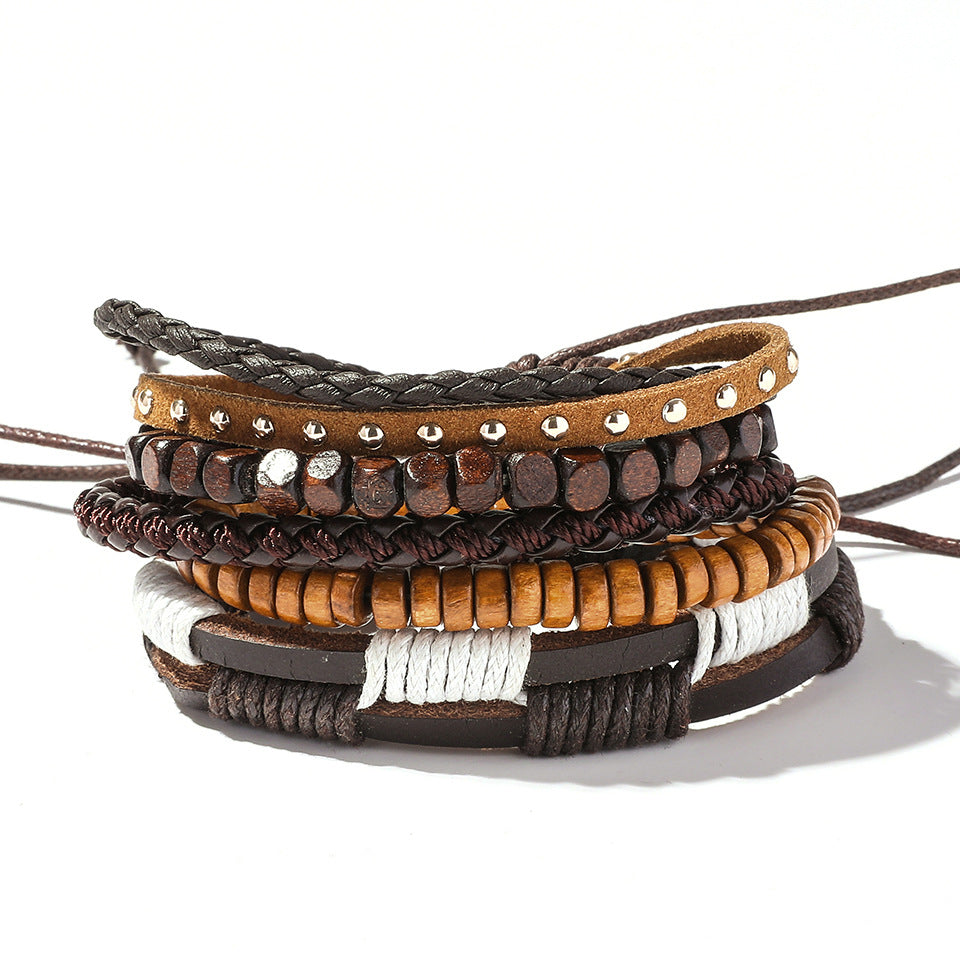 Retro Leather Multi-Layer Braided Bracelet Set - Five Piece Collection