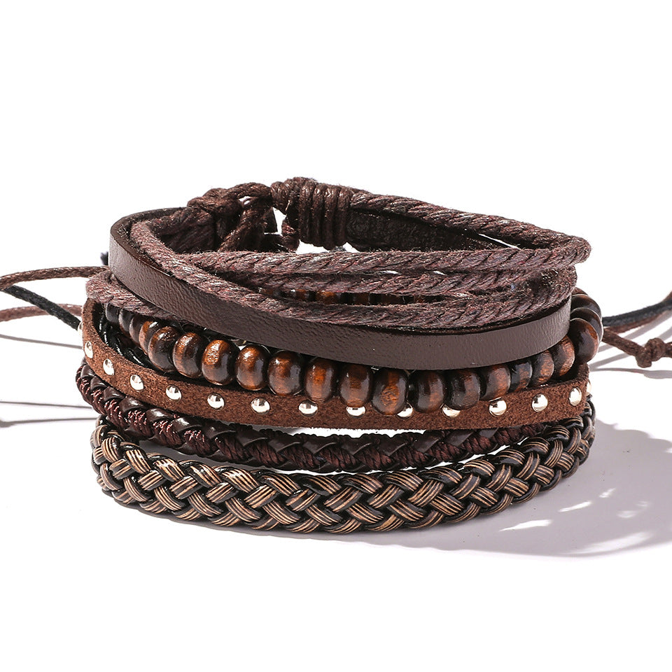 Retro Leather Multi-Layer Braided Bracelet Set - Five Piece Collection