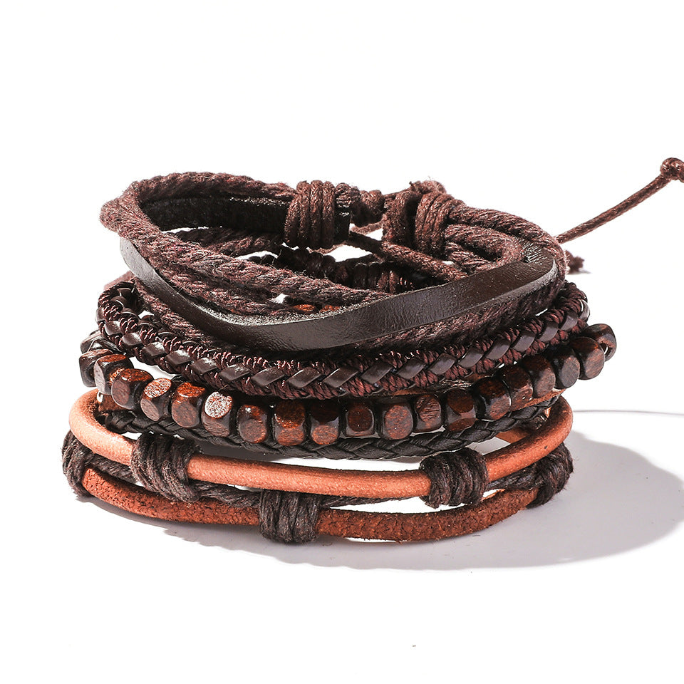 Retro Leather Multi-Layer Braided Bracelet Set - Five Piece Collection
