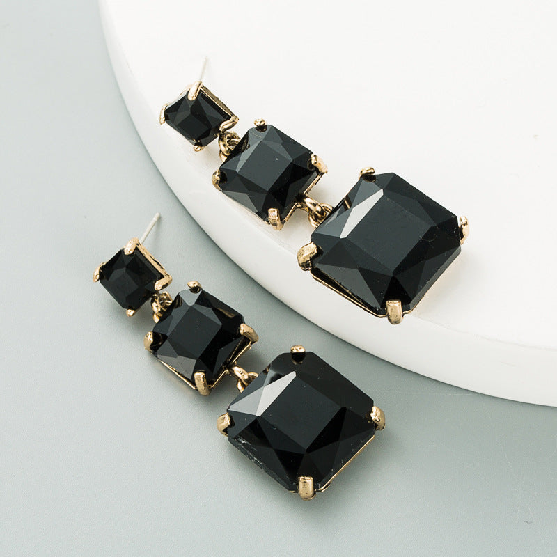 S925 Silver Needle Multilayer Alloy Square Glass Diamond Earrings