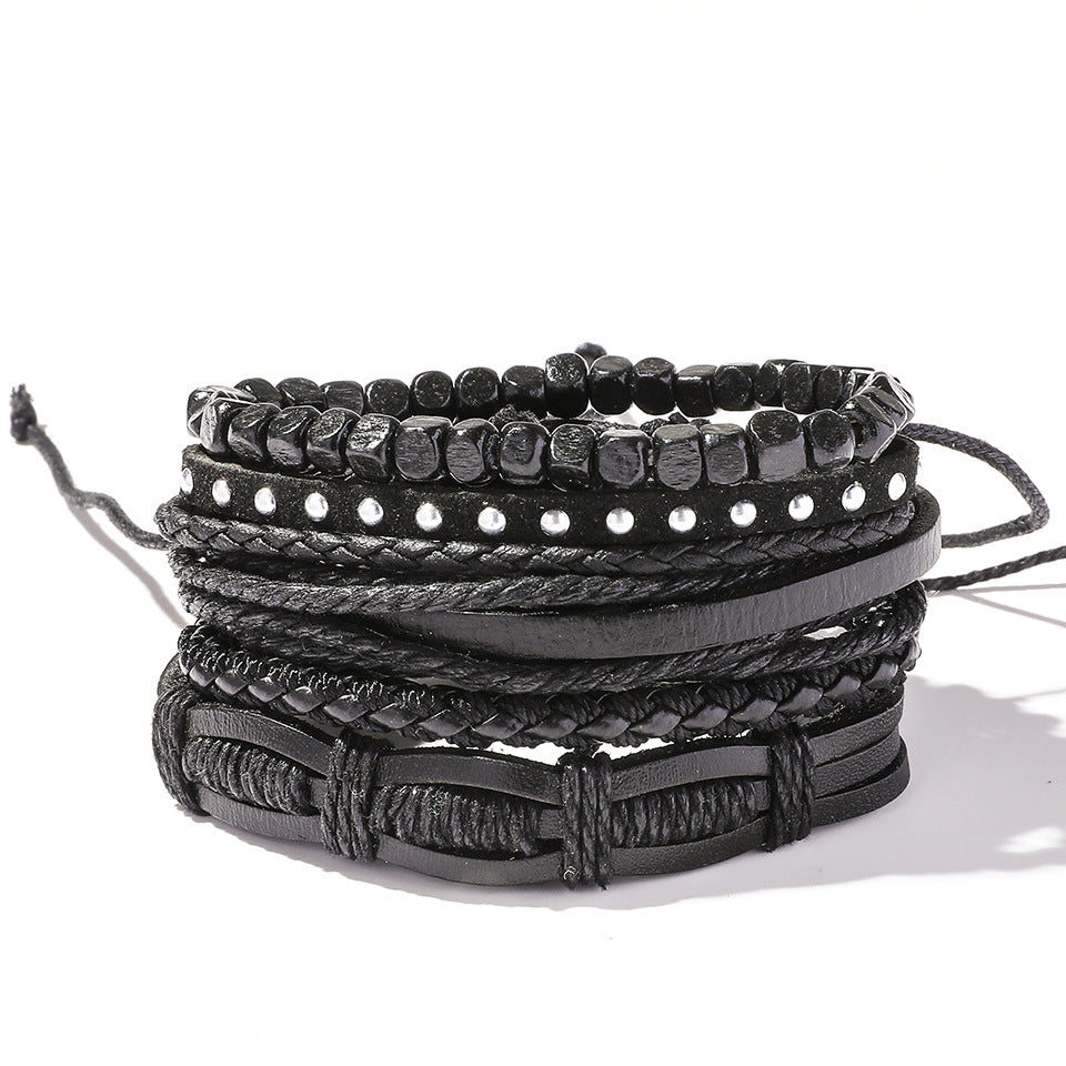 Retro Leather Multi-Layer Braided Bracelet Set - Five Piece Collection