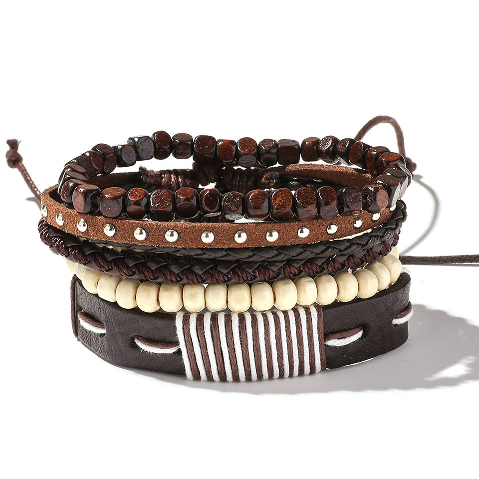 Retro Leather Multi-Layer Braided Bracelet Set - Five Piece Collection