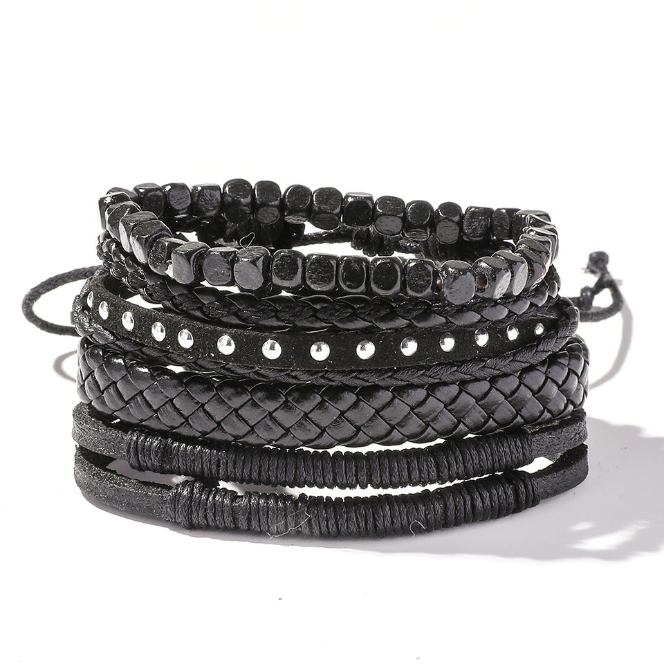 Retro Leather Multi-Layer Braided Bracelet Set - Five Piece Collection