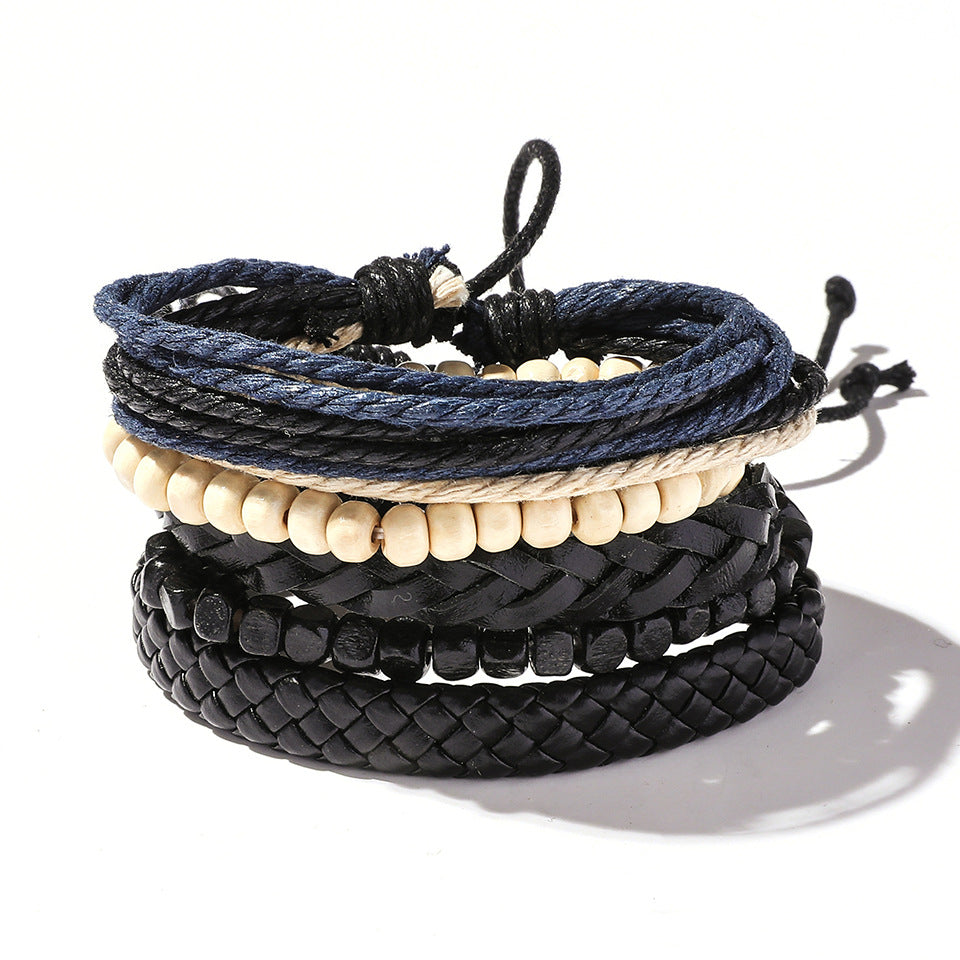 Retro Leather Multi-Layer Braided Bracelet Set - Five Piece Collection