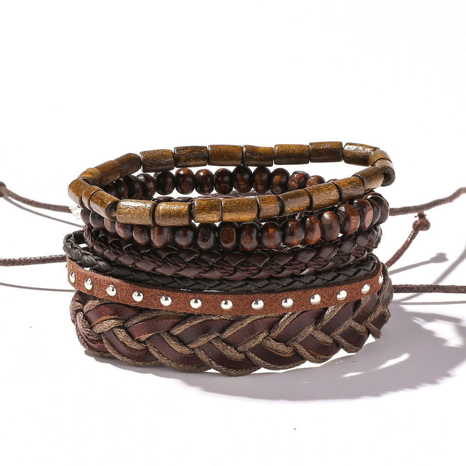Retro Leather Multi-Layer Braided Bracelet Set - Five Piece Collection