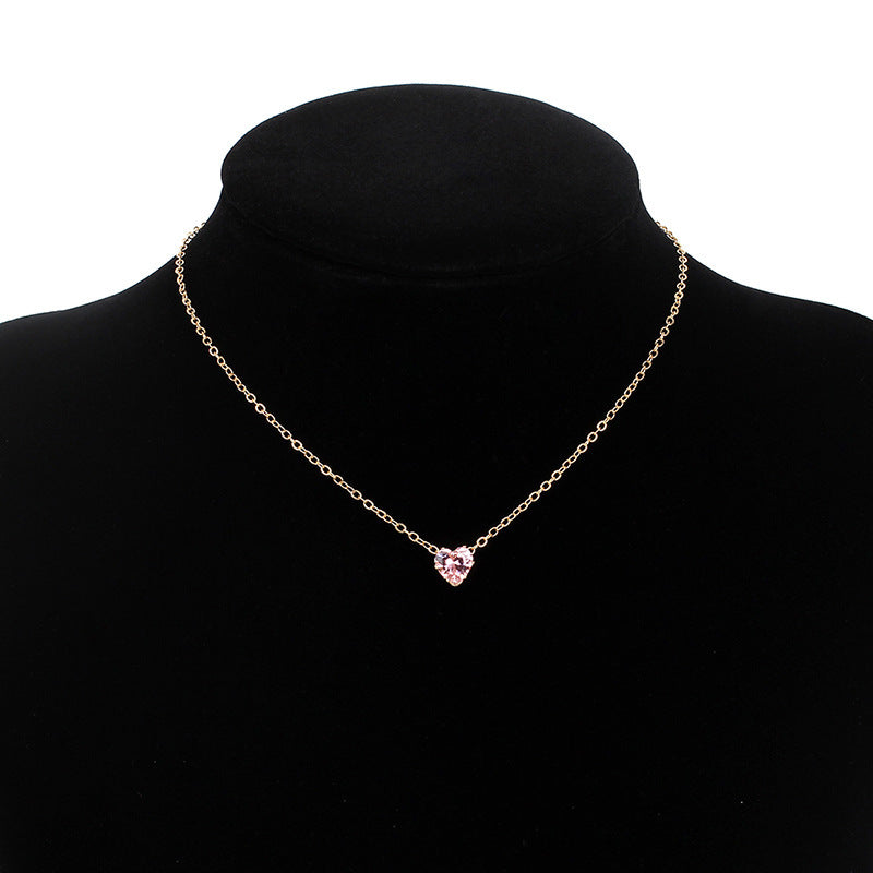 Simple Alloy Crystal Heart Necklace - Colorful Zircon Clavicle Chain
