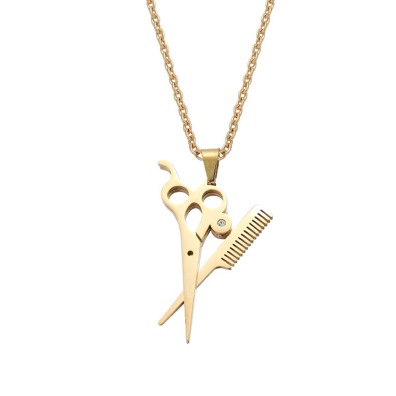 Titanium Steel Hip-Hop Scissors Comb Pendant Necklace for Hairstylists