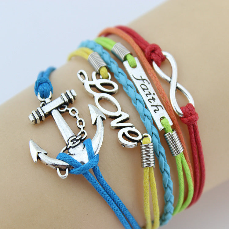 Retro Creative Love Anchor & Animal Charm Multi-layer Braided Bracelet