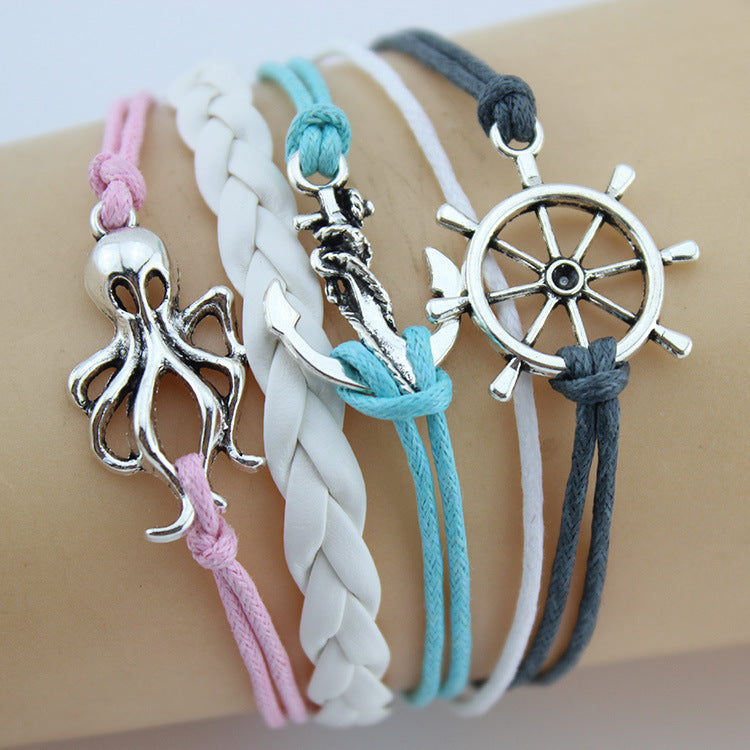 Retro Creative Love Anchor & Animal Charm Multi-layer Braided Bracelet