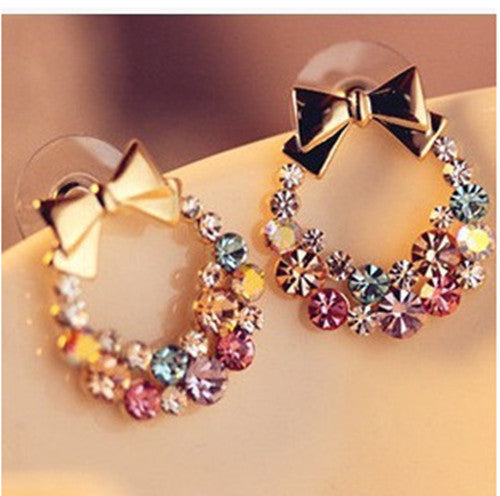 Vintage Korean Bow Earrings with Full Diamond Accents