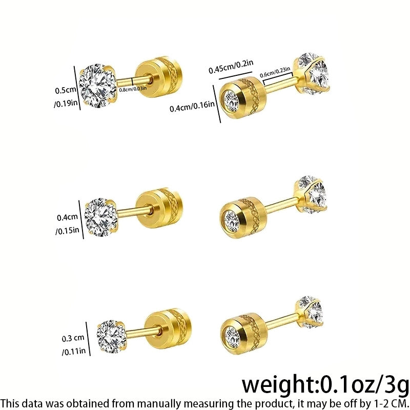 3 Pairs Minimalist Geometric 304 Stainless Steel Double-Sided Stud Earrings