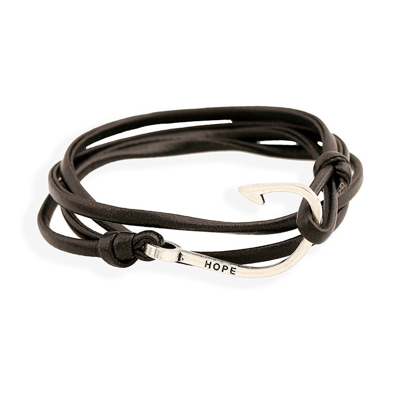 Nautical Navy Fishhook Leather Bracelet for Couples