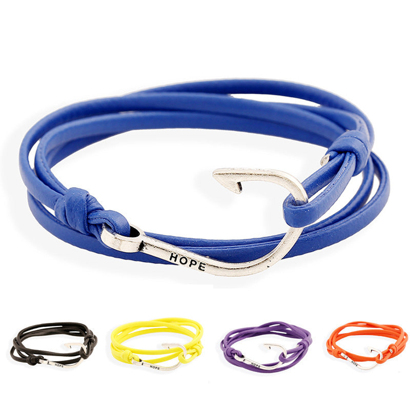 Nautical Navy Fishhook Leather Bracelet for Couples