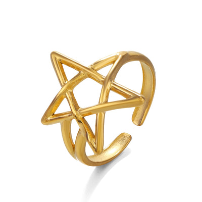 18K Gold Plated Stainless Steel Pentagram Adjustable Open Ring
