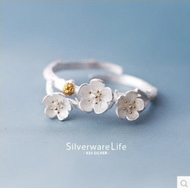 Korean S925 Sterling Silver Plum Blossom Adjustable Ring for Women