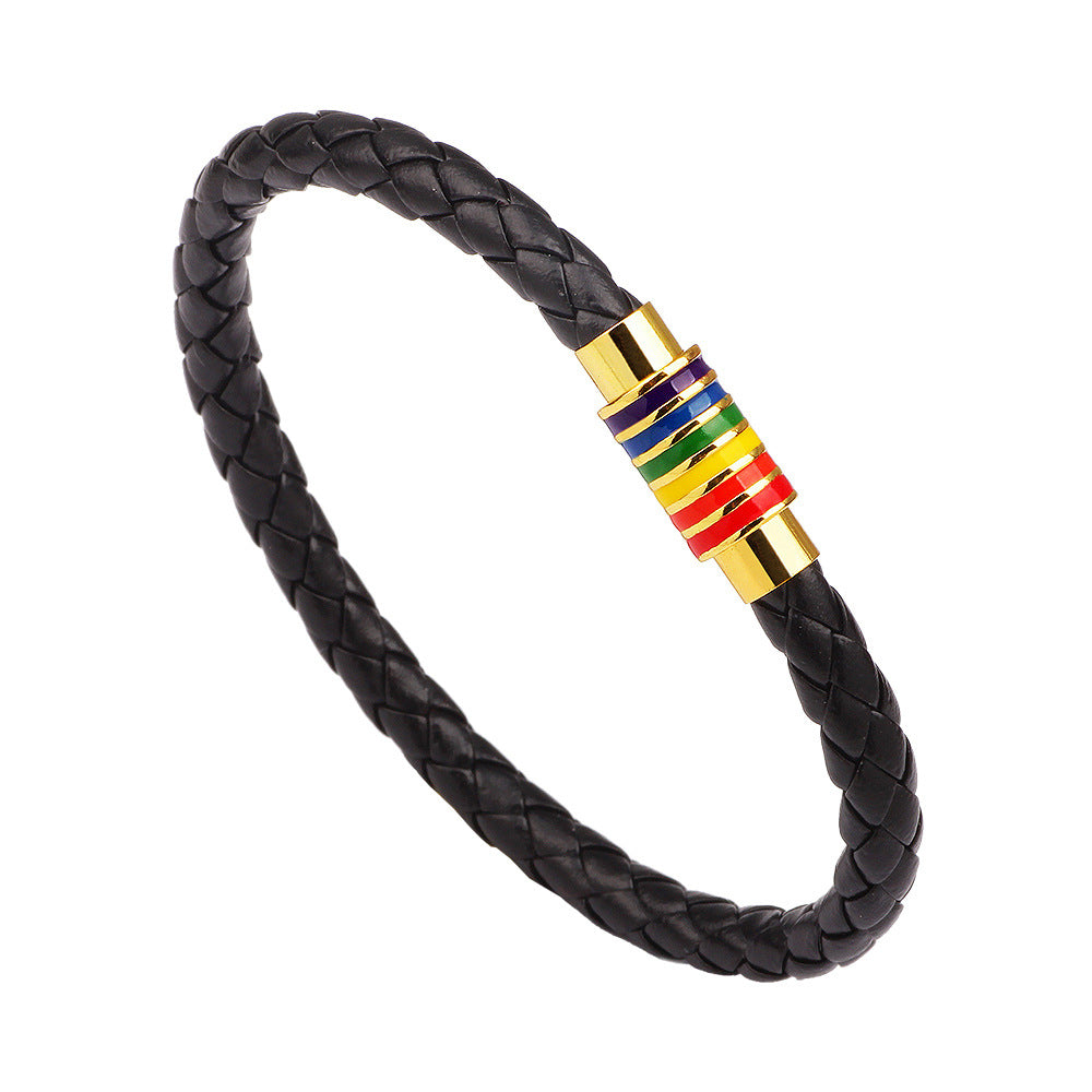 European American Braided Leather Rainbow Bracelet with Copper Magnetic Clasp