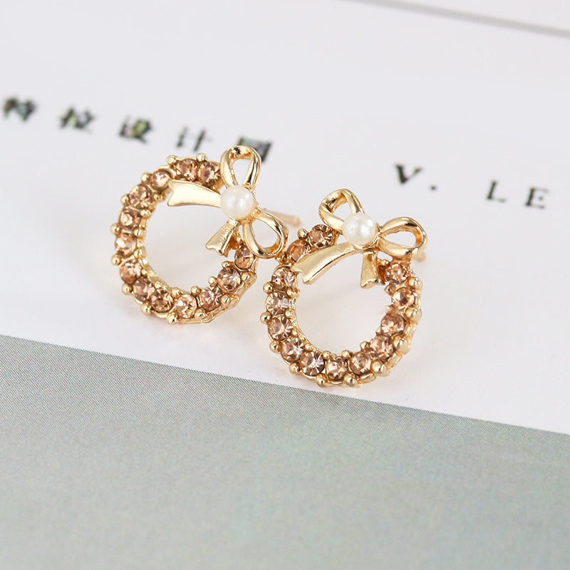 Elegant Pearl Bow Diamond Stud Earrings - Chic Hollow Round Design