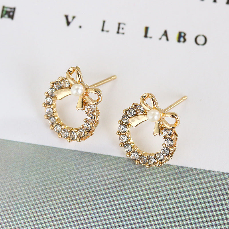 Elegant Pearl Bow Diamond Stud Earrings - Chic Hollow Round Design