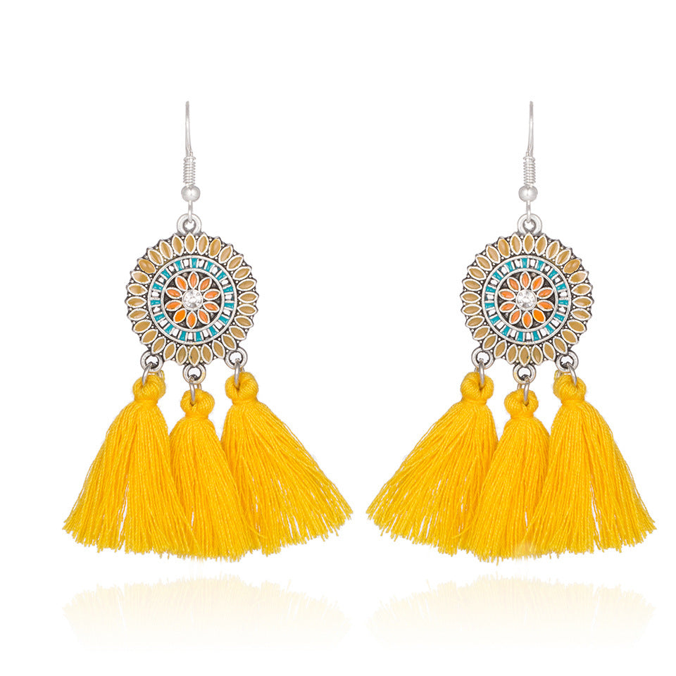 Bohemian Sunflower Tassel Long Alloy Earrings