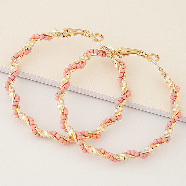 Fashion Metal Guilloché Twist Bead Hoop Earrings