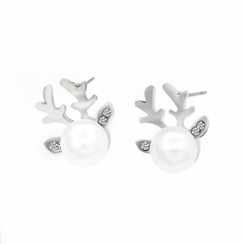 Elegant Pearl Antler Deer Head Earrings