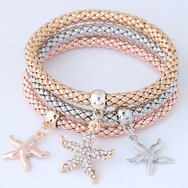 Tricolor Crown & Tree Starfish Pendant Multi-layer Bracelet Set