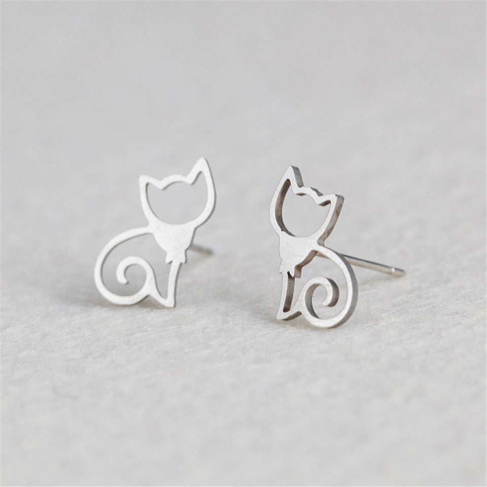 Simple Cat Stainless Steel Stud Earrings for Women