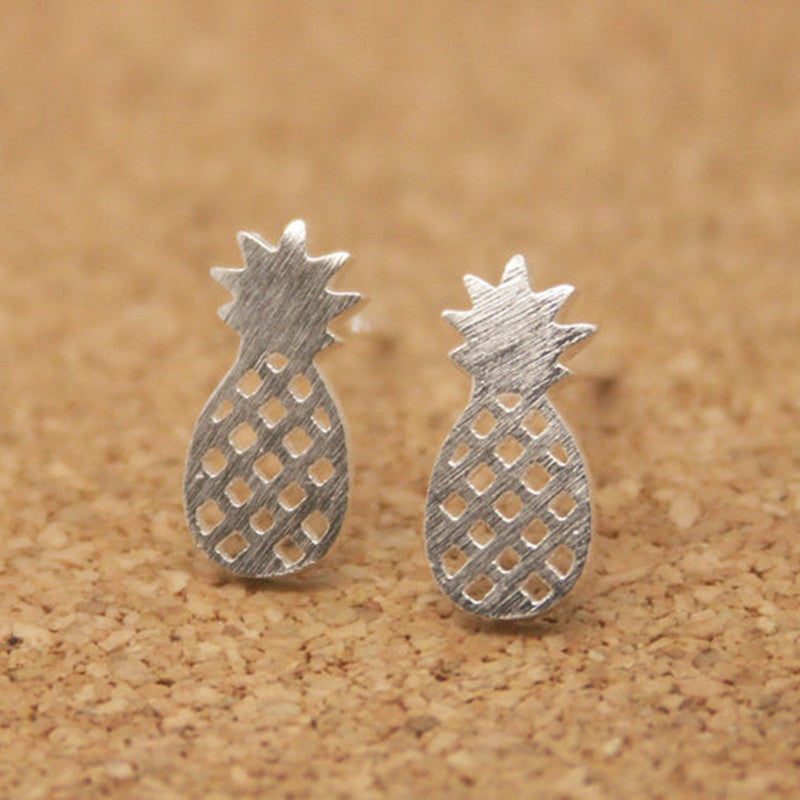Hollow Brushed Pineapple Alloy Plated Stud Earrings in Gold, Silver, and Rose Gold