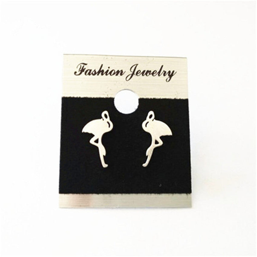 Hand-drawn Red-crowned Crane and Flamingo Alloy Plated Stud Earrings in Gold, Silver, and Rose Gold