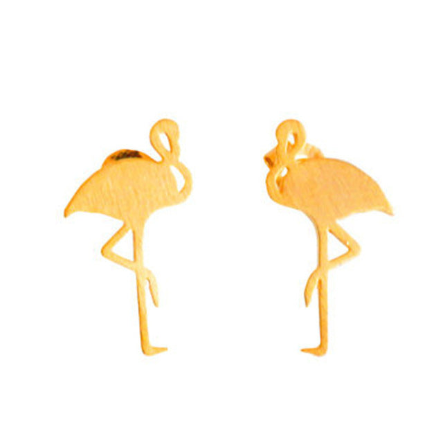 Hand-drawn Red-crowned Crane and Flamingo Alloy Plated Stud Earrings in Gold, Silver, and Rose Gold