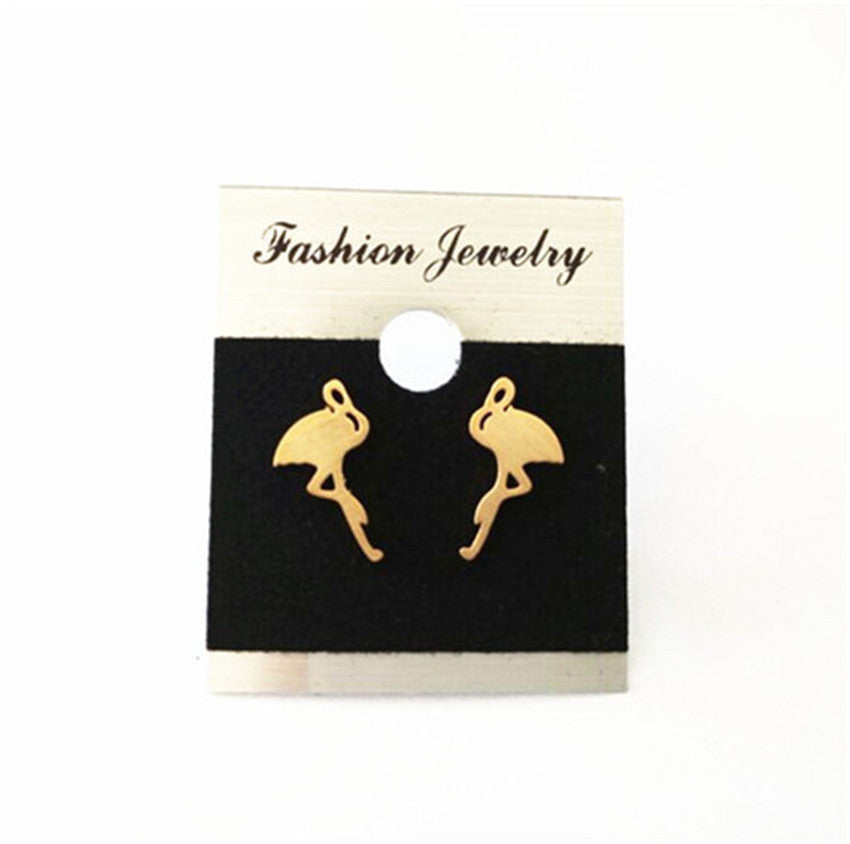 Hand-drawn Red-crowned Crane and Flamingo Alloy Plated Stud Earrings in Gold, Silver, and Rose Gold