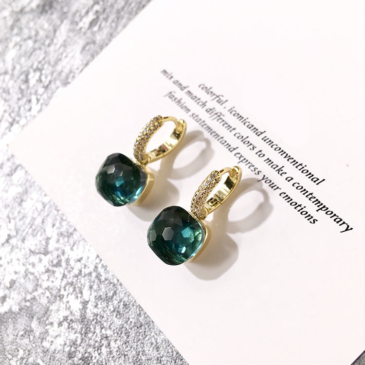 1 Pair Square Inlay Copper Crystal Zircon Candy Color Earrings