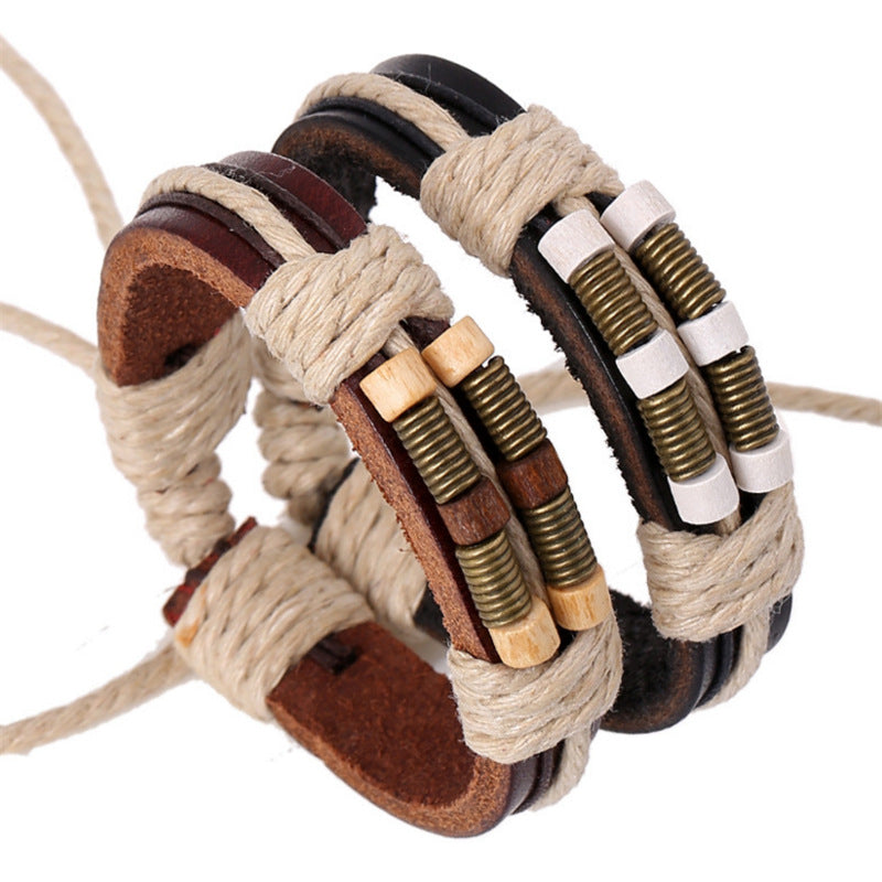 Retro Woven Leather Bracelet with Bronze Spring Wood Beads