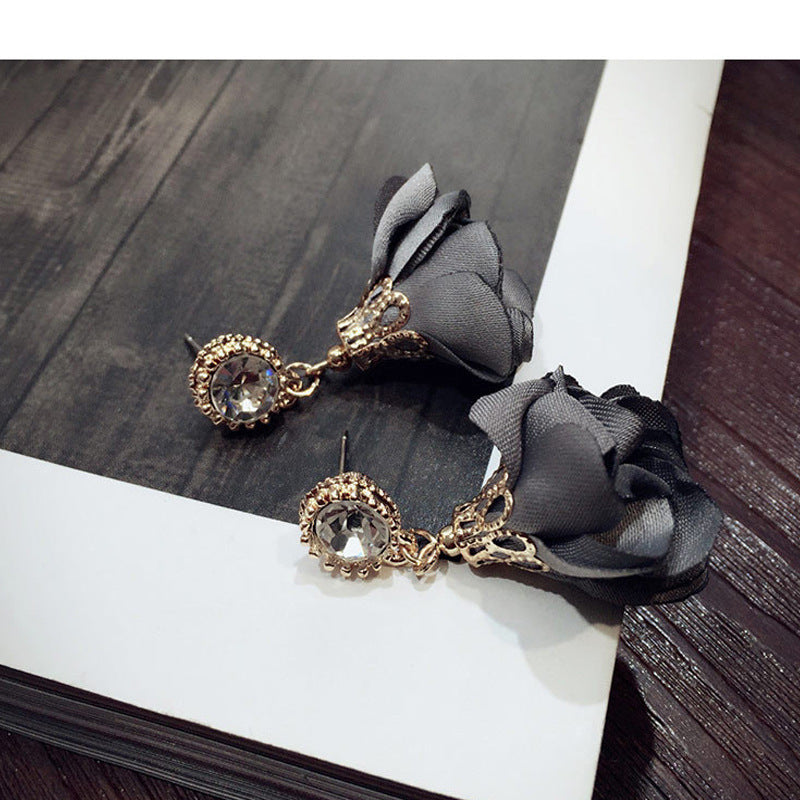 Fashion Fabric Flower Crystal Drop Earrings Wholesale