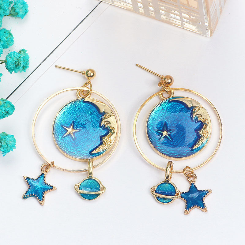 Asymmetric Blue Starry Sky Moon and Planet Earrings