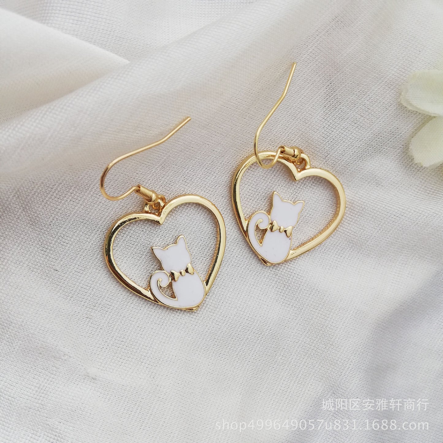 Cute Heart Shaped Cat Enamel Drop Earrings for Women