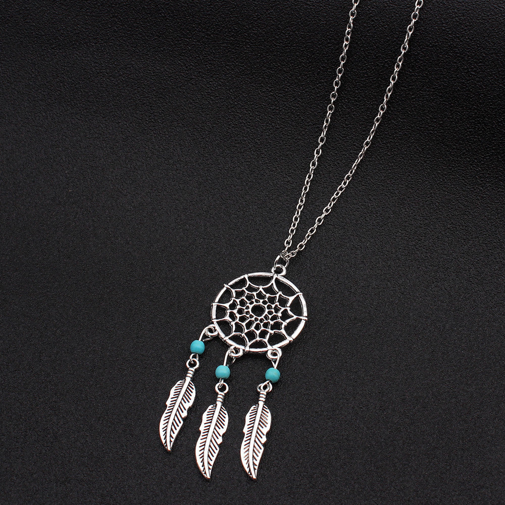 Bohemian Turquoise Dreamcatcher Feather Pendant Necklace