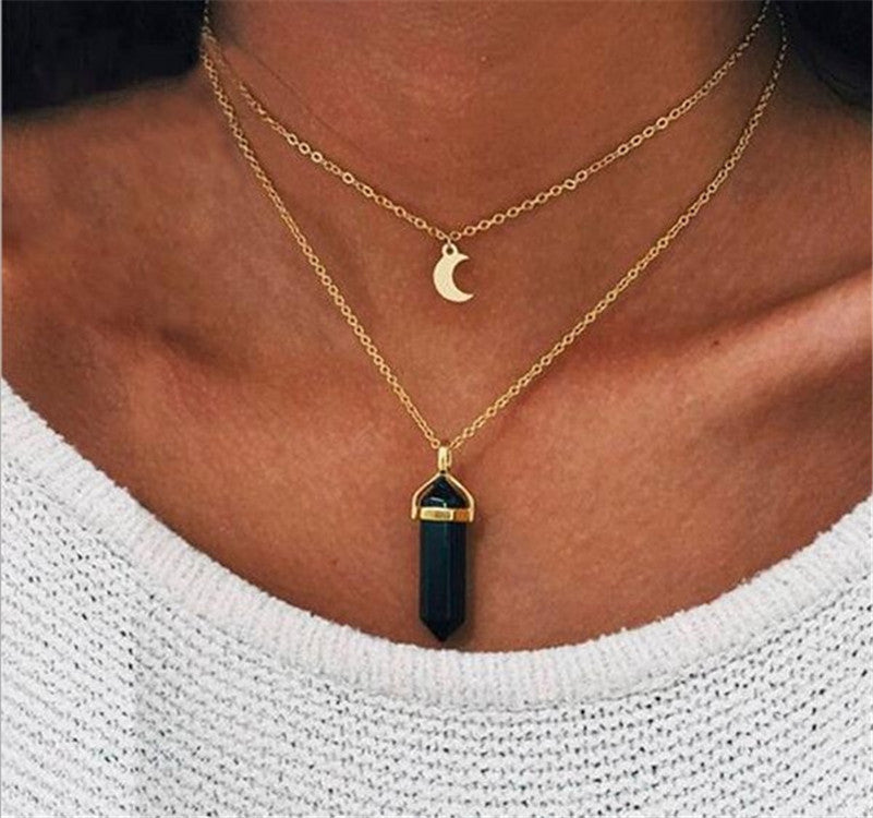 Hexagonal Pillar Pendant Layered Necklace for Women