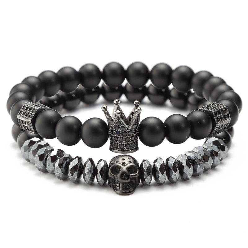 New Arrival Handmade Black Beaded Men's Crown and Skull Bracelet Set
