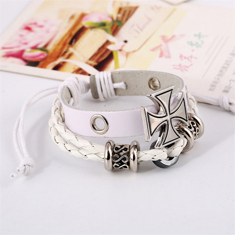 Alloy Maple Leather Cross Beaded Bracelet for Men