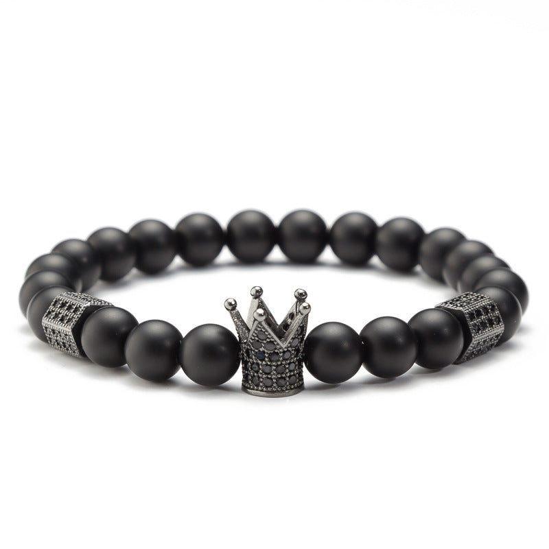New Arrival Handmade Black Beaded Men's Crown and Skull Bracelet Set