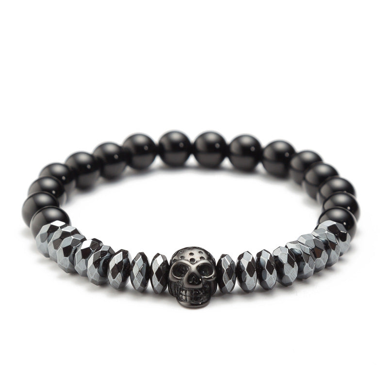 New Arrival Handmade Black Beaded Men's Crown and Skull Bracelet Set