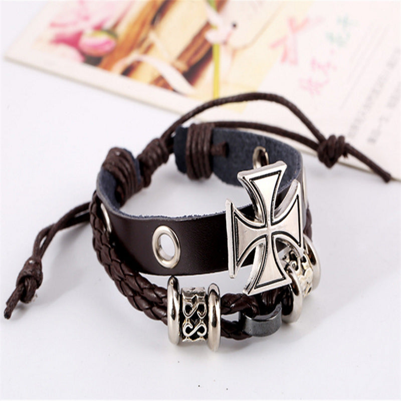 Alloy Maple Leather Cross Beaded Bracelet for Men