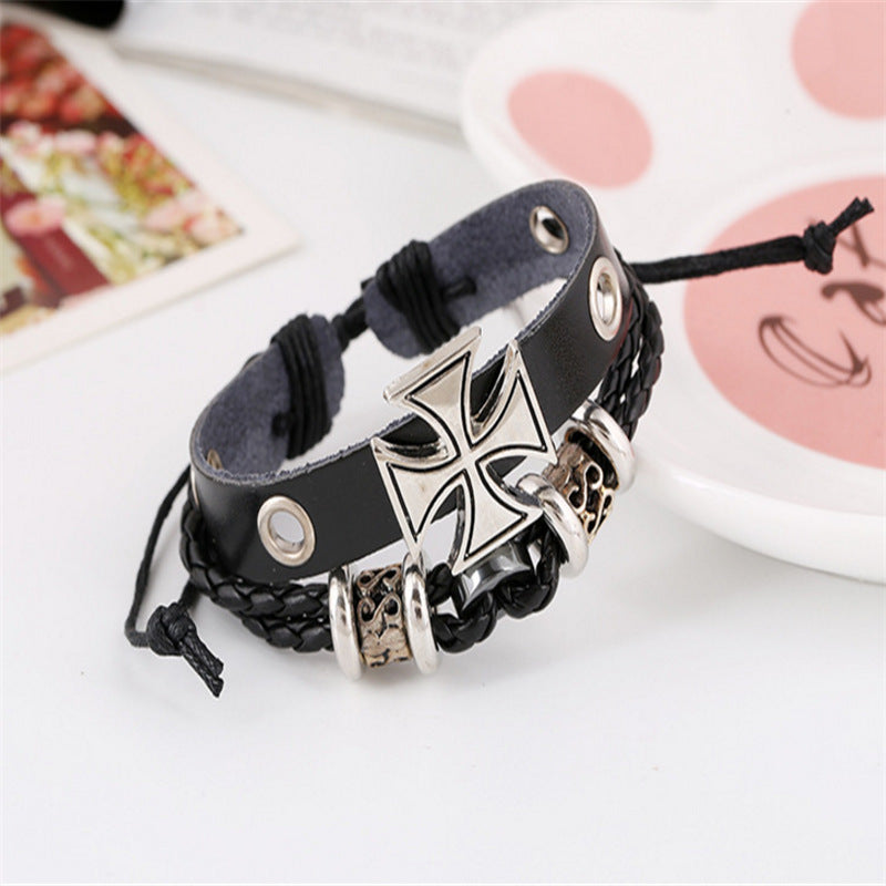 Alloy Maple Leather Cross Beaded Bracelet for Men