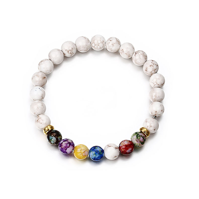 Retro Geometric Natural Stone Volcanic Rock Crown Bracelet with 8mm Colorful Beads