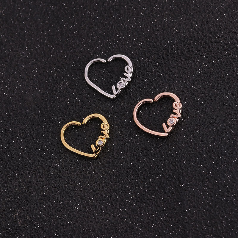 Micro-inlaid Zircon Heart Stud Earrings and Nose Ring Set