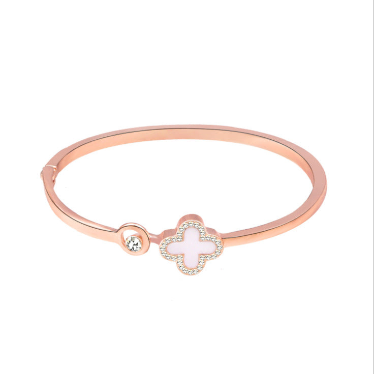 Four Leaf Clover Rose Gold Zircon Bangle Bracelet